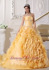 New Exquisite Gold Quinceanera Dress Strapless Chapel Train Taffeta Beading Ball Gown