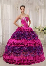 New Cheap Fuchsia Quinceanera Dress Straplesas Taffeta Appliques and Ruch Ball Gown