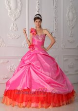 New Cheap Rose Pink Quinceanera Dress One Shoulder Organza and Taffeta Beading and Hand Flower Ball Gown