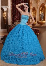 New Gorgeous Blue Quinceanera Dress Ball Gown Strapless Fabric With Rolling Flowers Beading Ball Gown