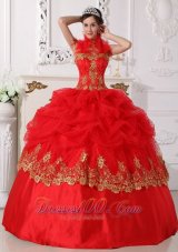 New Affordable Red and Gold Quinceanera Dress Halter Taffeta Beading and Appliques Ball Gown