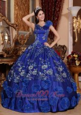 New Exquisite Blue Quinceanera Dress V-neck Satin Beading and Appliques Ball Gown