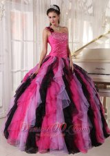 Popular Beautiful Multi-colored Quinceanera Dress One Shoulder Organza Beading and Ruffles Ball Gown