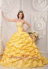 Popular Brand New Yellow Quinceanera Dress Strapless Court Train Taffeta Appliques and Beading Ball Gown