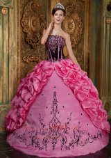 Popular Affordable Rose Pink Quinceanera Dress Strapless Embroidery Taffeta Ball Gown
