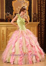 Popular Cheap Multi-Color Quinceanera Dress One Shoulder Taffeta And Organza Beading And Ruffles Ball Gown