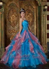 Popular Blue Ball Gown Strapless Floor-length Organza Beading and Ruffles Quinceanera Dress