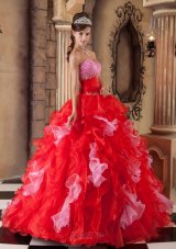 Popular Red Ball Gown Strapless Floor-length Organza Beading and Ruffles Quinceanera Dress