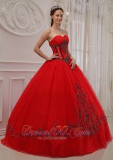 Popular Red Ball Gown Sweetheart Floor-length Tulle Appliques Quinceanera Dress