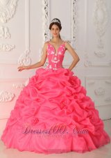 Popular Watermelon Ball Gown Straps Floor-length Satin and Organza Appliques Quinceanera Dress