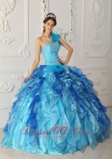 Popular Discount Aqua Blue Quinceanera Dress One Shoulder Satin and Organza Beading Ball Gown