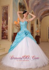 Popular Discount Aqua Blue and White Sweet 16 Dress Sweetheart Beading Tulle and Taffeta A-Line / Princess