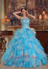 Popular Cheap Aqua Quinceanera Dress Gown Strapless Appliques Organza Blue Ball