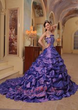 Popular Gorgeous Purple Quinceanera Dress Strapless Court Train Pick-ups Taffeta Ball Gown