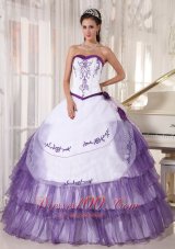 Discount Affordable White and Purple Quinceanera Dress Sweetheart Satin and Organza Embroidery Ball Gown