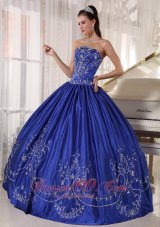 Discount Blue Ball Gown Strapless Floor-length Satin Embroidery Quinceanera Dress
