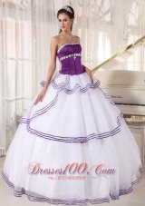 Discount Gorgeous White and Purple Quinceanera Dress Strapless Floor-length Organza Appliques Ball Gown