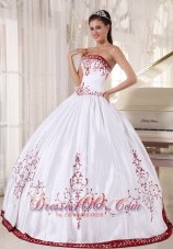 Discount White And Wine Red Ball Gown Strapless Floor-length Satin Embroidery Quinceanera Dress