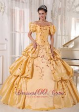 Discount Populor Gold Quinceanera Dress Off The Shoulder Taffeta Embroidery Ball Gown