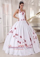 Discount Fashionable White Quinceanera Dress Halter Taffeta Embroidery Ball Gown