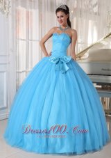 Discount Aqua Blue Ball Gown Sweetheart Floor-length Tulle Beading and Bowknot Quinceanera Dress