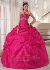 Discount Hot Pink Ball Gown Sweetheart Floor-length Organza Appliques Quinceanera Dress