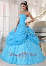 Discount Lovely Baby Blue Quinceanera Dress Strapless Organza Appliques Ball Gown
