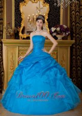 Discount Simple Sky Blue Quinceanera Dress Strapless Appliques Organza Ball Gown