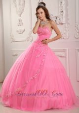 Discount Classical Rose Pink Sweet 16 Dress Ball Gown Sweetheart Tulle Appliques