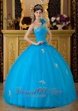 Discount Low Price Quinceanera Dress Teal One Shoulder Tulle Appliques Ball Gown