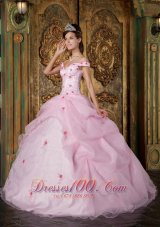 Discount Romantic Pink Quinceanera Dress Off The Shoulder Organza Appliques Ball Gown