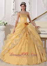 Discount Popular Gold Quinceanera Dress Strapless Organza Embroidery with Beading Ball Gown
