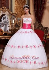 Discount Beautiful White and Hot Pink Quinceanera Dress Strapless Taffeta and Tulle Appliques Ball Gown