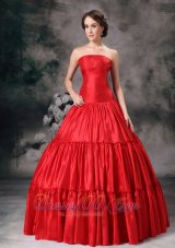 Discount Custom Made Red Ball Gown Strapless Quinceanera Dress Taffeta Ruch Floor-length