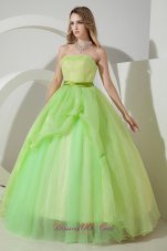 Discount Light Green Sweet 16 Dress Beading and Embroidery A-line / Princess Strapless Floor-length Organza