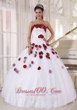 Formal White and Wine Red Quinceanera Dress Strapless Tulle Beading and Hand Made Flowers Ball Gown