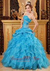 Inexpensive Sky Blue Quinceanera Dress Organza Beading And Ruffles Ball Gown