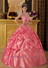Luxuriously Watermelon Quinceanera Dress Halter Taffeta Appliques Ball Gown
