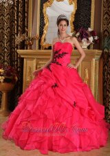 Pretty Red Quinceanera Dress Sweetheart Floor-length Organza Appliques Ball Gown