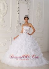 Cheap White Quinceanera Dress Strapless Court Train Organza Beading and Hand Flower Ball Gown