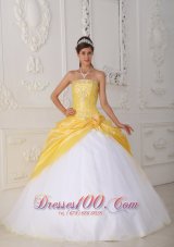 Modest Yellow and White Sweet 16 Dress Strapless Organza and Taffeta Appliques and Hand Flower Ball Gown