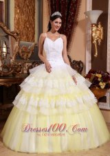 Light Yellow Ball Gown Spaghetti Straps Floor-length Organza Lace Appliques Quinceanera Dress