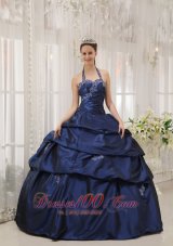 Simpel Navy Blue Quinceanera Dress Halter Taffeta Appliques Ball Gown
