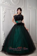 Black and Green Ball Gown Strapless Floor-length Tulle Beading and Feather Quinceanera Dress
