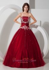 Wine Red Ball Gown Strapless Floor-length Satin and Tulle Appliques and Beading Quinceanera Dress Fashion