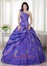 Purple Ball Gown One Shoulder Floor-length Taffeta and Organza Appliques Quinceanera Dress Fashion