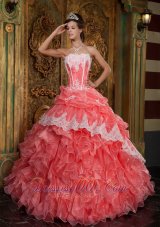 Beautiful Waltermelon Quinceanera Dress Strapless Ruffles Organza Ball Gown Fashion