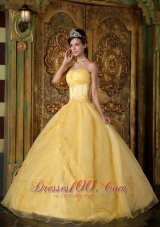 Yellow Ball Gown Strapless Floor-length Appliques Organza Quinceanera Dress Fashion