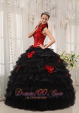 Red and Black Ball Gown Halter Floor-length Taffeta and Organza Hand Flowers Quinceanera Dress Fashion