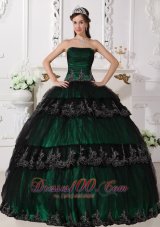 Dark Green Ball Gown Strapless Floor-length Taffeta and Tulle Appliques Quinceanera Dress Fashion